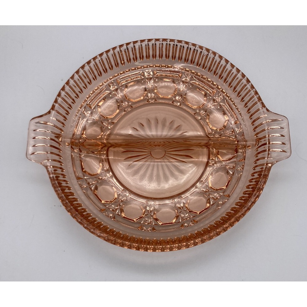 Vintage Windsor Pink Depression Cut Glass 2 Part  Divided Relish Tray Beautiful